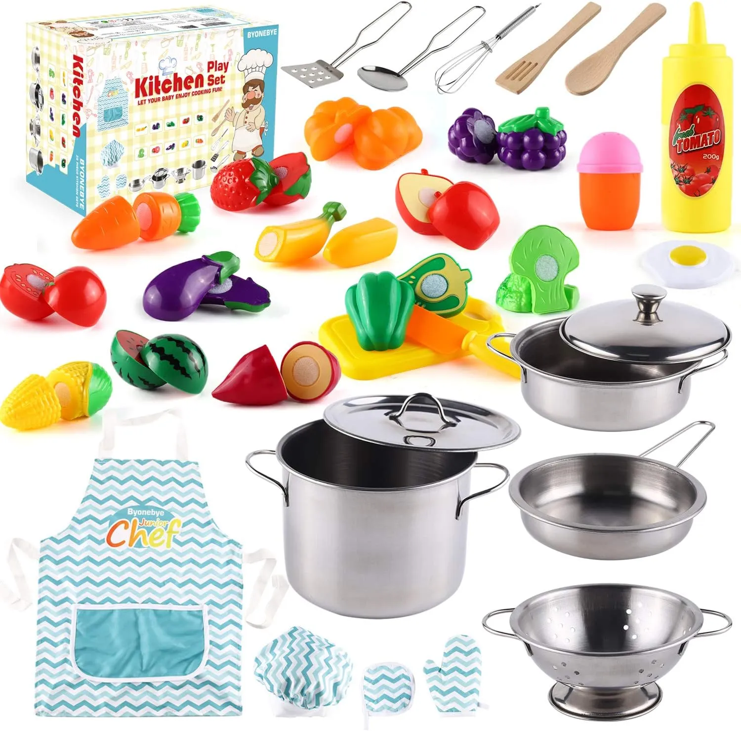 35 Pcs Kitchen Pretend Play Accessories Toys,Cooking Set with Stainless Steel Cookware Pots and Pans Set,Cooking Utensils,Apron,Chef Hat,and Cutting Play Food for Kids,Educational Learning Tool