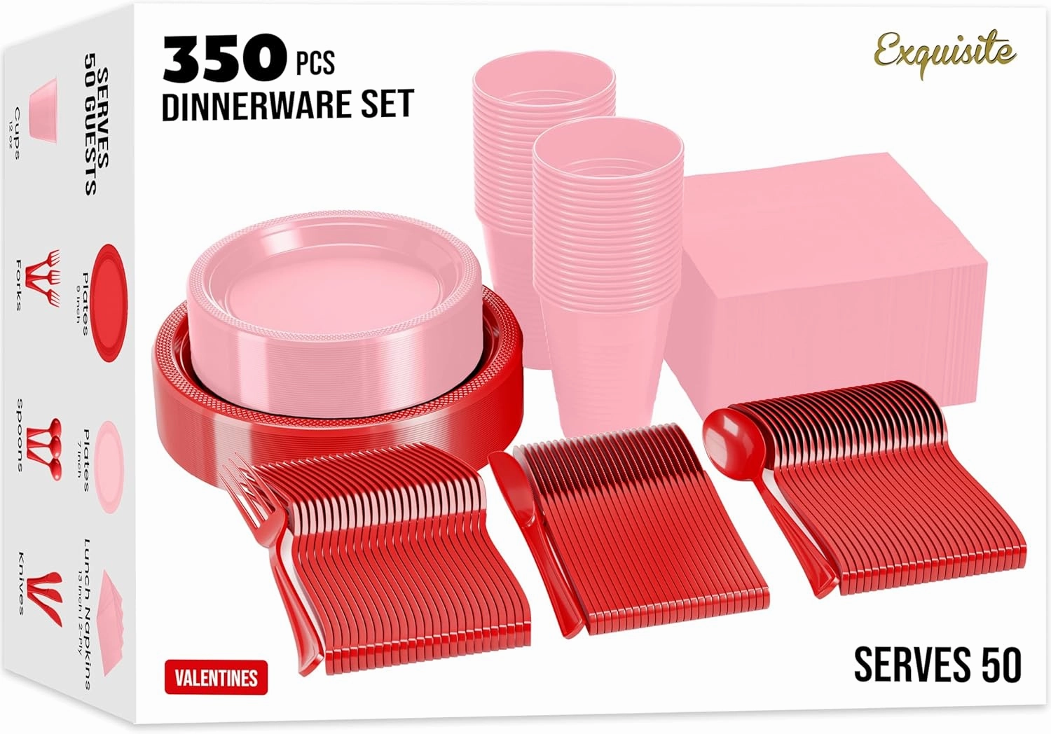 350 Pcs Valentines Plastic Plates For Party, Valentines Disposable Plates Set, 50 Of Each 9" Dinner Plate Set, 7" Dessert Plate, Cups, Napkins & Cutlery Plastic Dinnerware Party Solids