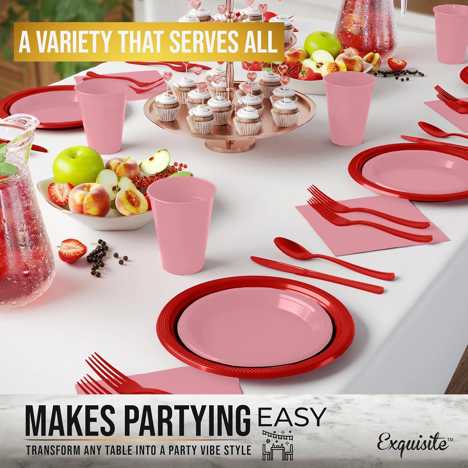 350 Pcs Valentines Plastic Plates For Party, Valentines Disposable Plates Set, 50 Of Each 9" Dinner Plate Set, 7" Dessert Plate, Cups, Napkins & Cutlery Plastic Dinnerware Party Solids
