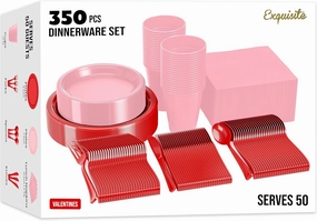 350 Pcs Valentines Plastic Plates For Party, Valentines Disposable Plates Set, 50 Of Each 9" Dinner Plate Set, 7" Dessert Plate, Cups, Napkins & Cutlery Plastic Dinnerware Party Solids