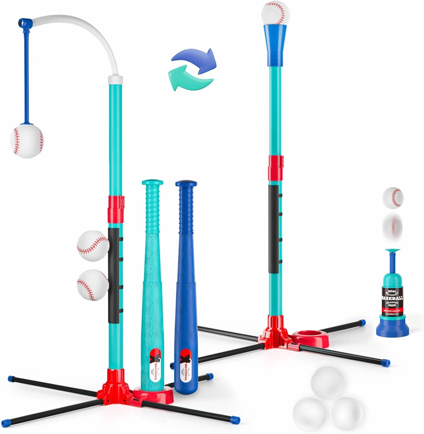 3-in-1 Baseball Set for Kids: Hanging Batting Tee   T Ball Stand Set Auto Ball Launcher for Toddlers & Youth Adjustable Height with 6 Balls 2 Bats Outdoor&Indoor Toys Sports Gifts for 3-12 Years Old