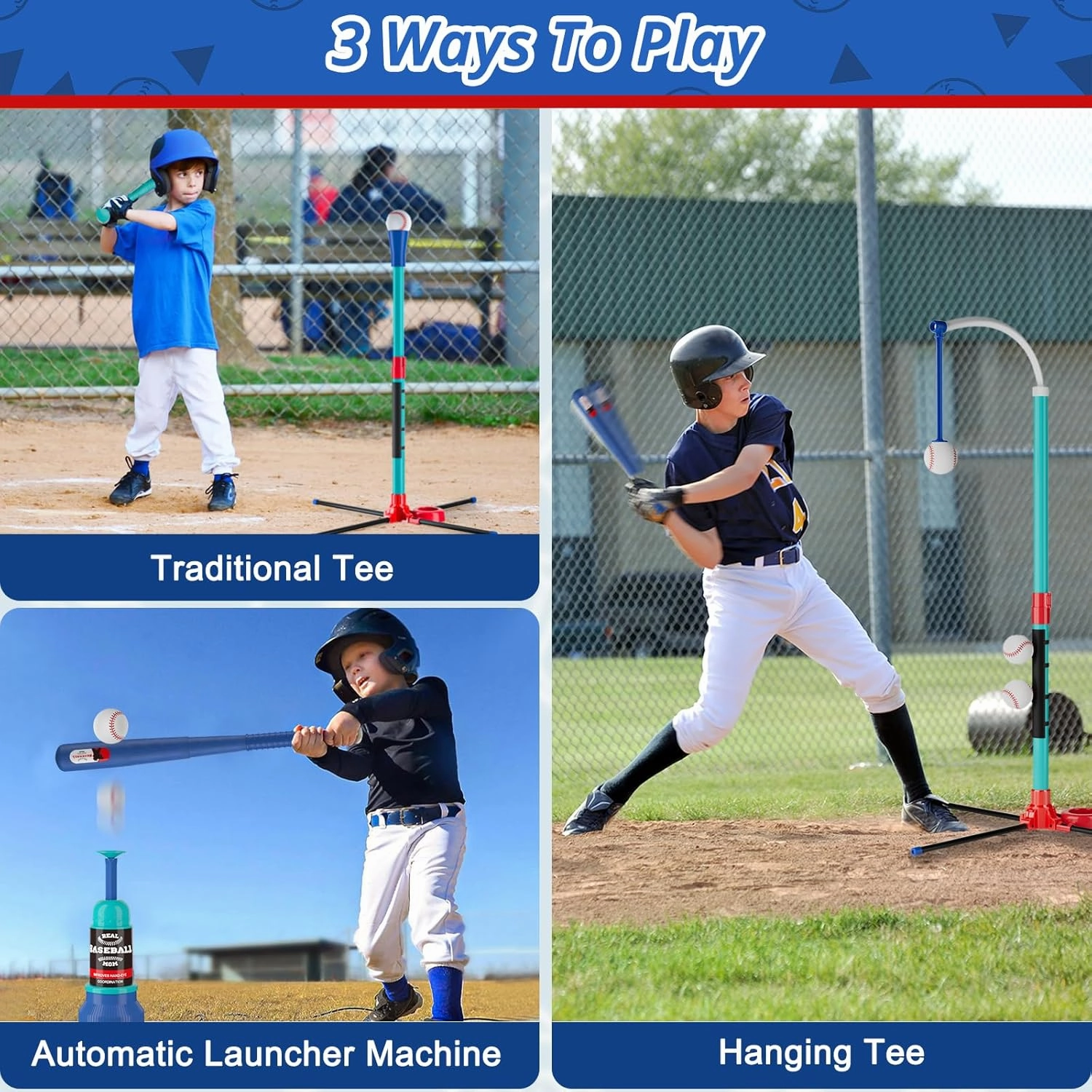 3-in-1 Baseball Set for Kids: Hanging Batting Tee   T Ball Stand Set Auto Ball Launcher for Toddlers & Youth Adjustable Height with 6 Balls 2 Bats Outdoor&Indoor Toys Sports Gifts for 3-12 Years Old