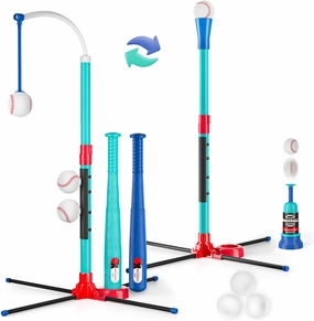 3-in-1 Baseball Set for Kids: Hanging Batting Tee   T Ball Stand Set Auto Ball Launcher for Toddlers & Youth Adjustable Height with 6 Balls 2 Bats Outdoor&Indoor Toys Sports Gifts for 3-12 Years Old