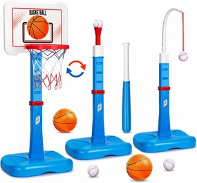 3 in 1 Kids Basketball Hoop and T Ball Set, Adjustable Height Toddler Basketball Hoop, Hanging Tee Baseball, Indoor Outdoor Sports Toys Gifts for Toddlers Boys Girls Ages 3 4 5 Year