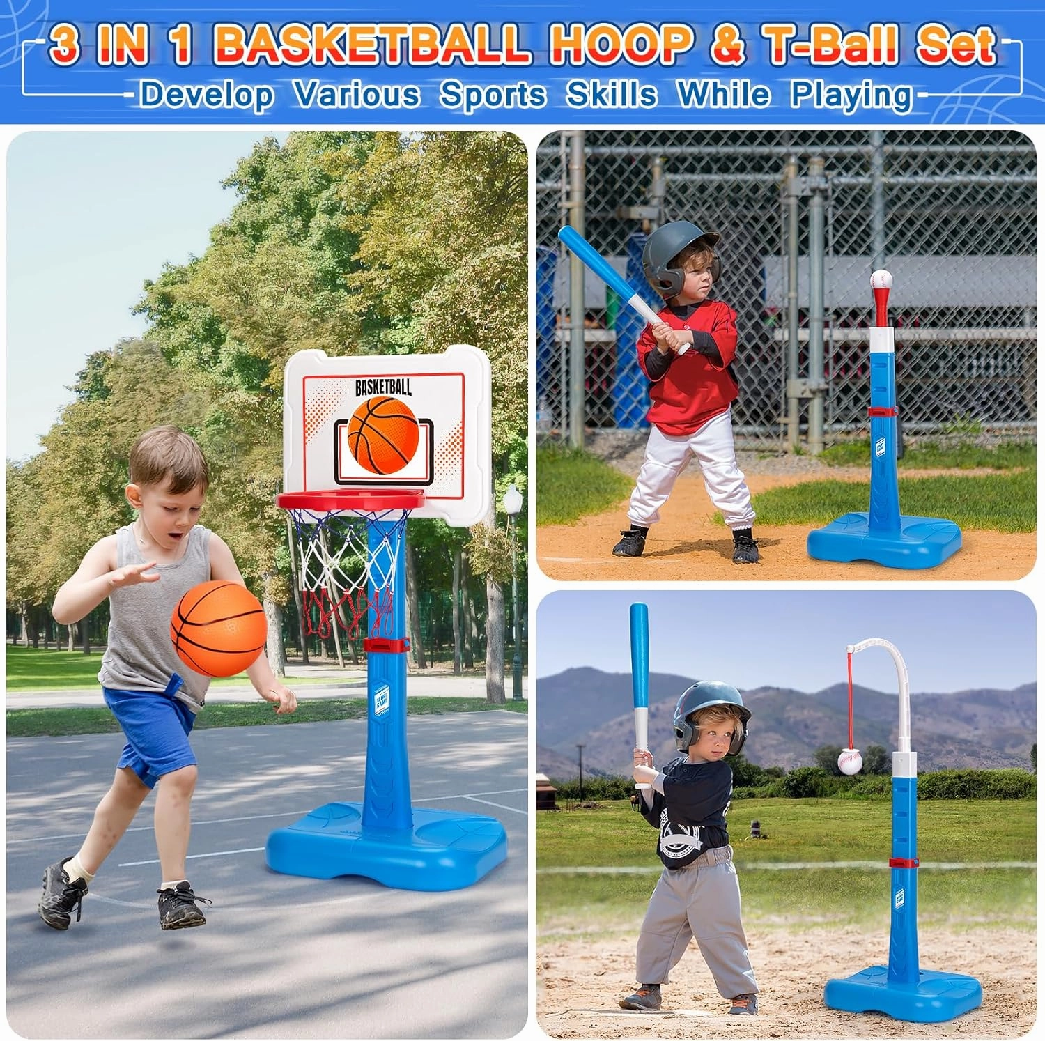 3 in 1 Kids Basketball Hoop and T Ball Set, Adjustable Height Toddler Basketball Hoop, Hanging Tee Baseball, Indoor Outdoor Sports Toys Gifts for Toddlers Boys Girls Ages 3 4 5 Year