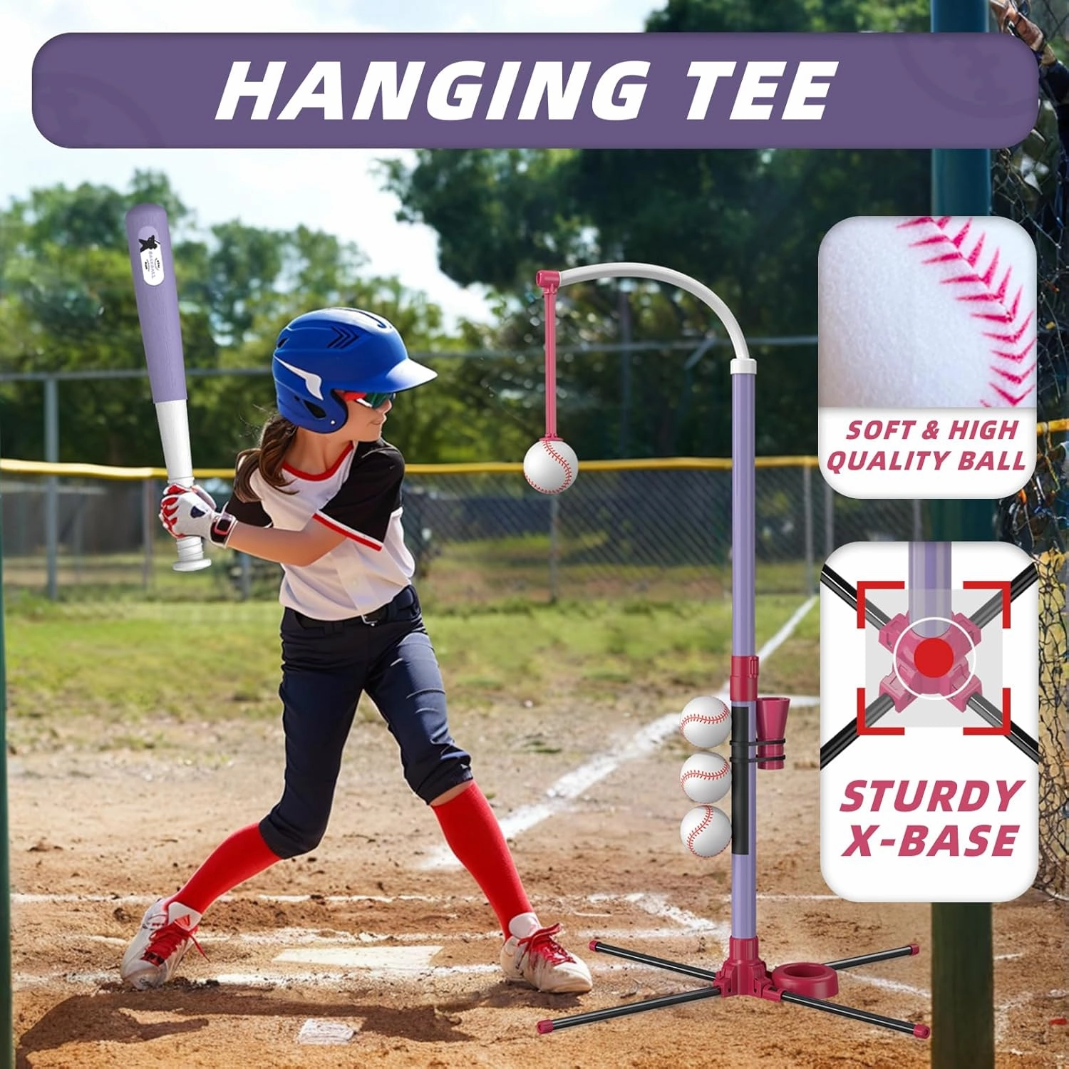 3-in-1 T Ball Set - Adjustable Height, Hanging Tee Ball Set with Automatic Pitching Machine/6 Balls/Retractable Bat, TBall Stand Suit for Outdoor, Sport Toys Gifts for Kids Girls Age 3 
