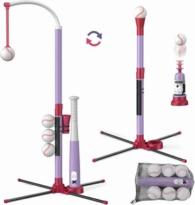 3-in-1 T Ball Set - Adjustable Height, Hanging Tee Ball Set with Automatic Pitching Machine/6 Balls/Retractable Bat, TBall Stand Suit for Outdoor, Sport Toys Gifts for Kids Girls Age 3 