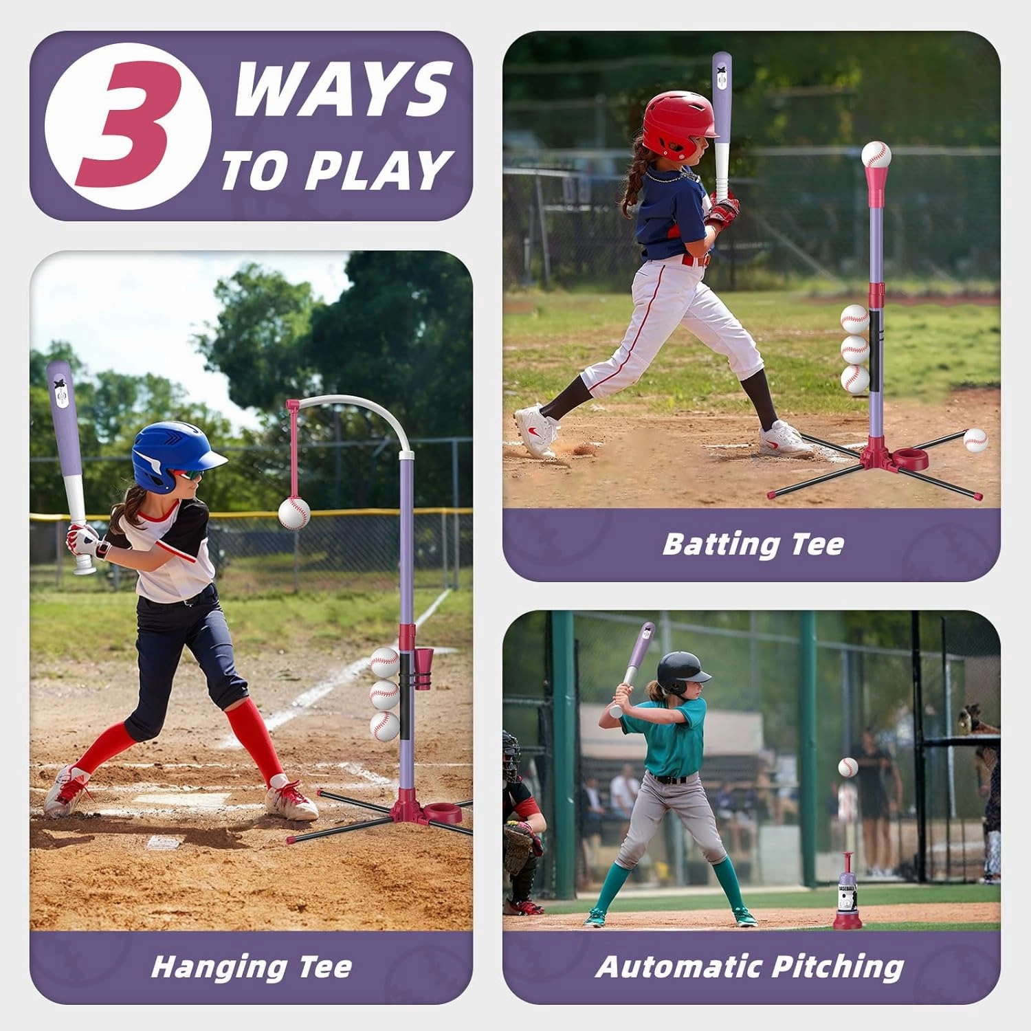 3-in-1 T Ball Set - Adjustable Height, Hanging Tee Ball Set with Automatic Pitching Machine/6 Balls/Retractable Bat, TBall Stand Suit for Outdoor, Sport Toys Gifts for Kids Girls Age 3 