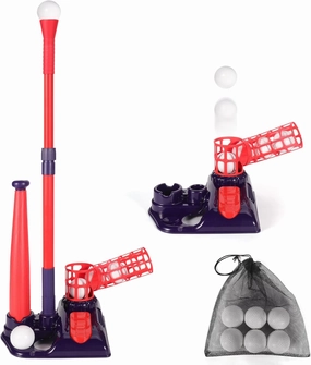3-in-1 Tee Ball Set for Kids,Baseball Tee Set with Pitching Machine/Adjustable Batting Tee/Retractable Baseball Bat/6 Balls,Indoor Outdoor Toy Gifts for 3-5/5-8 Year Old Boys Girls,Blue