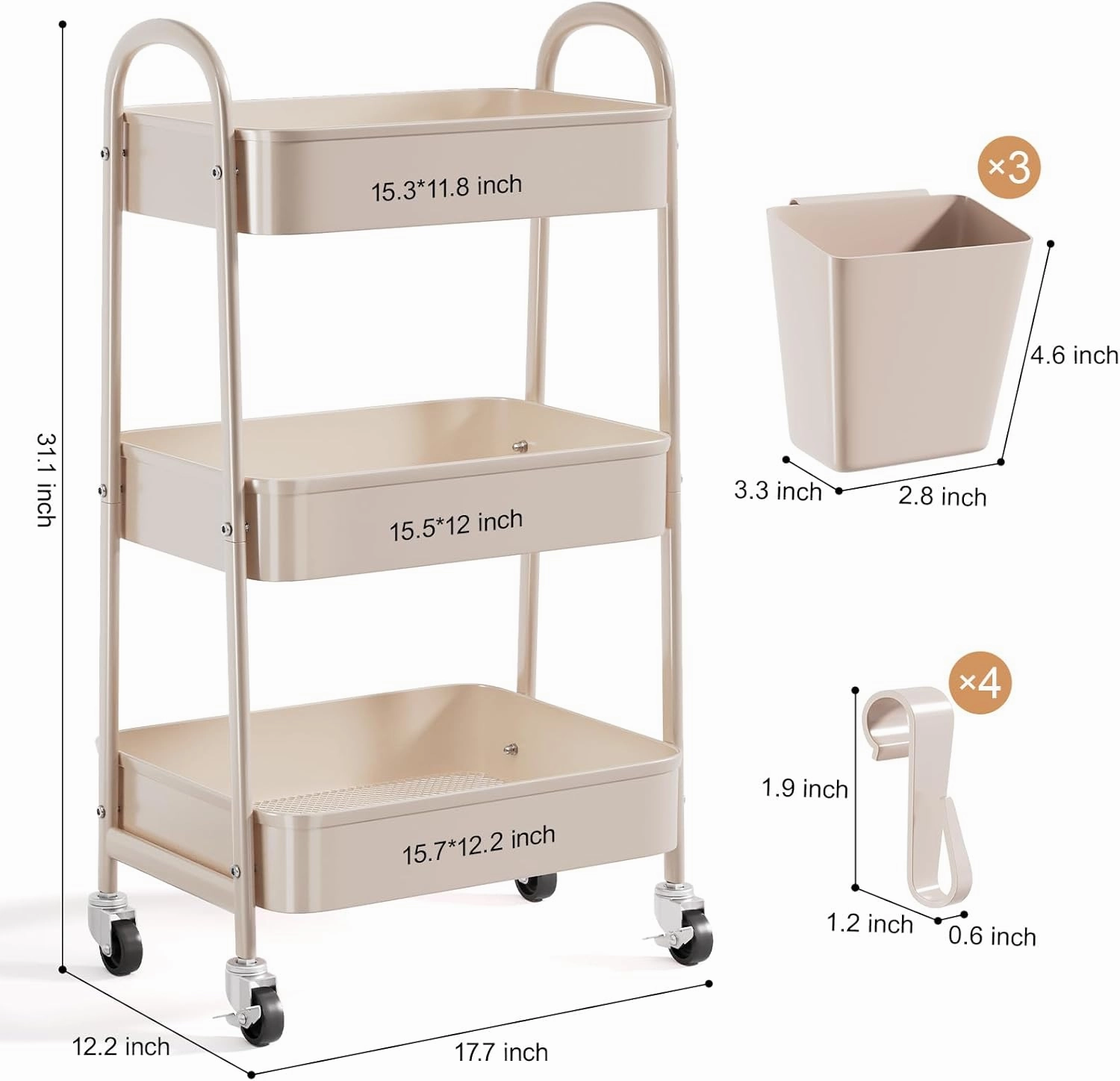 3 Tier Khaki Metal Utility Rolling Cart, Storage Cart with Handle and Lockable Wheels, Multifunctional Organizer Trolley with Mesh Storage Baskets for Kitchen, Office, Living Room, Laundry, Garage