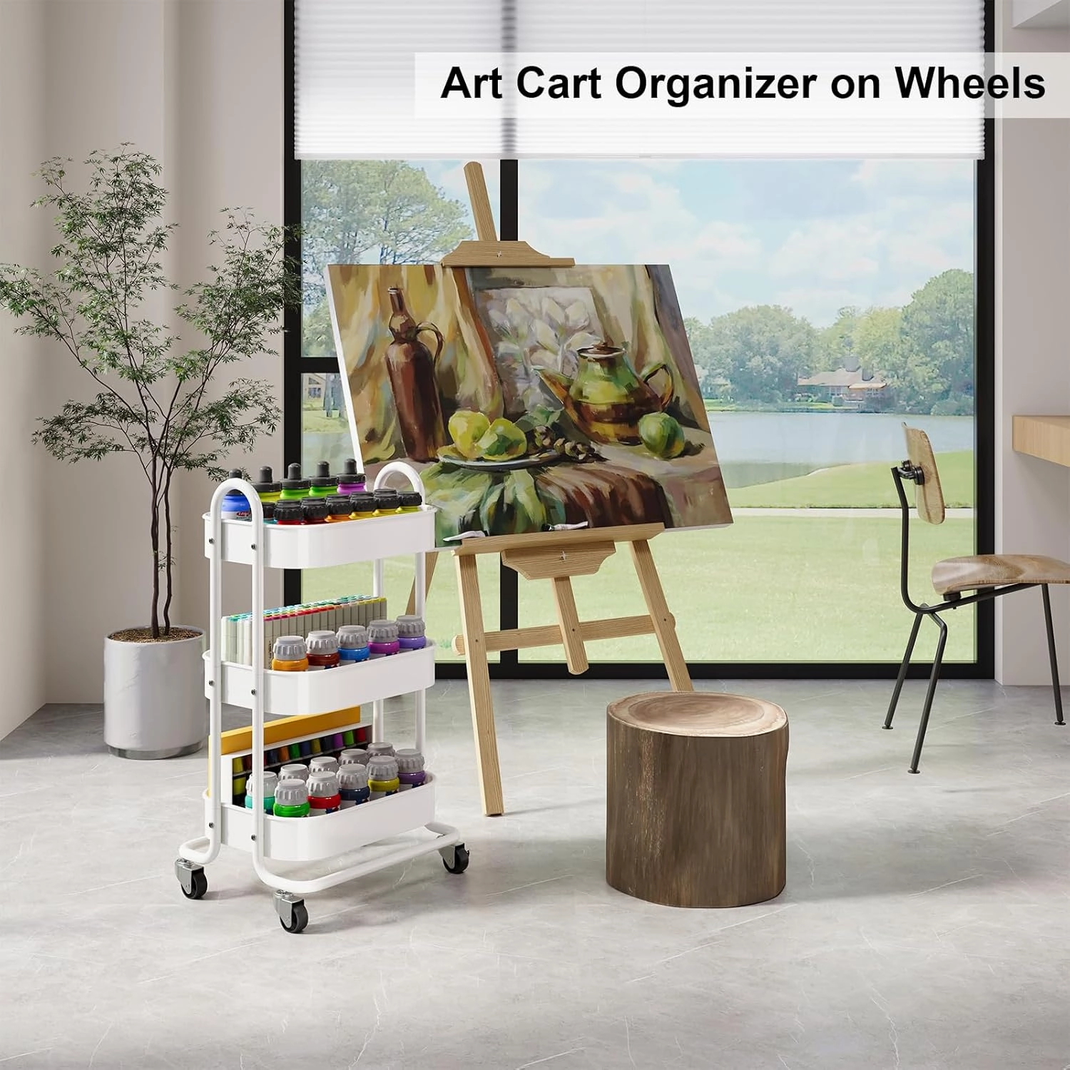 3 Tier Mesh Utility Cart, Rolling Metal Organization Cart with Handle and Lockable Wheels, Multifunctional Storage Shelves for Kitchen Living Room Office White