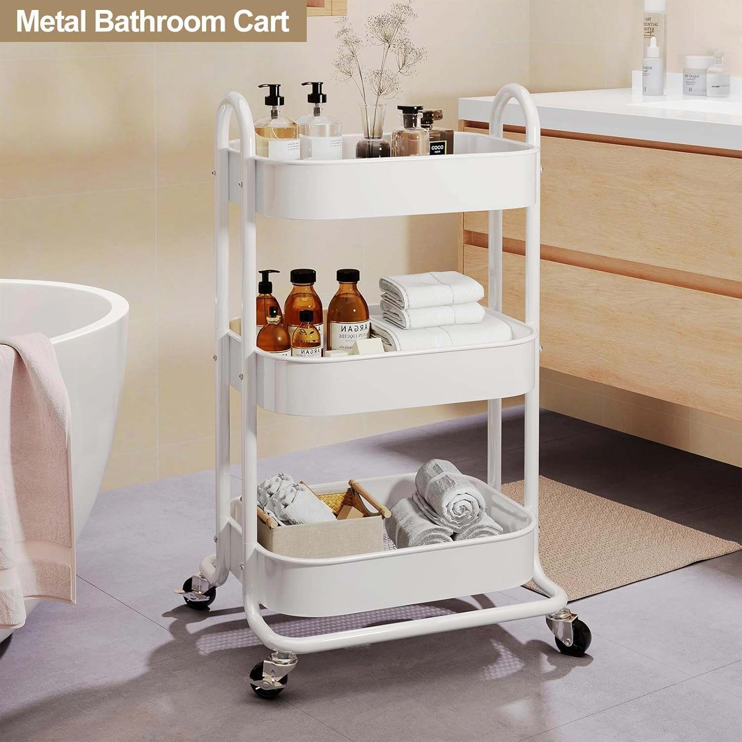 3 Tier Mesh Utility Cart, Rolling Metal Organization Cart with Handle and Lockable Wheels, Multifunctional Storage Shelves for Kitchen Living Room Office White