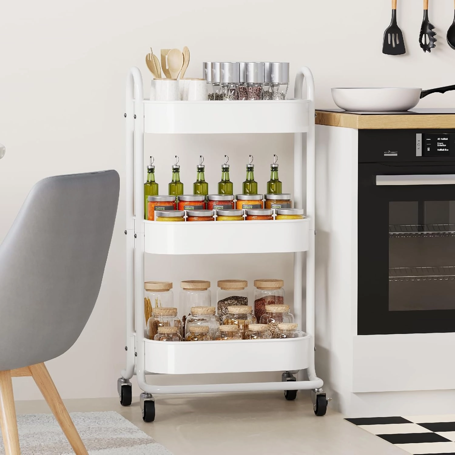 3 Tier Mesh Utility Cart, Rolling Metal Organization Cart with Handle and Lockable Wheels, Multifunctional Storage Shelves for Kitchen Living Room Office White