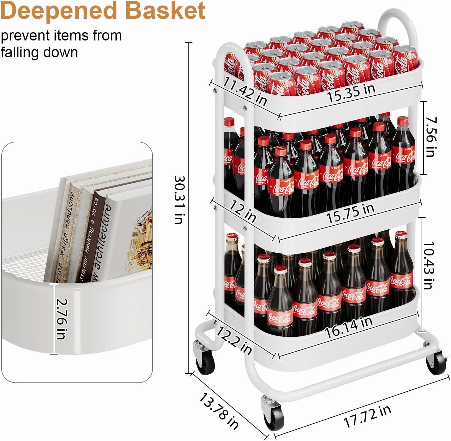 3 Tier Mesh Utility Cart, Rolling Metal Organization Cart with Handle and Lockable Wheels, Multifunctional Storage Shelves for Kitchen Living Room Office White