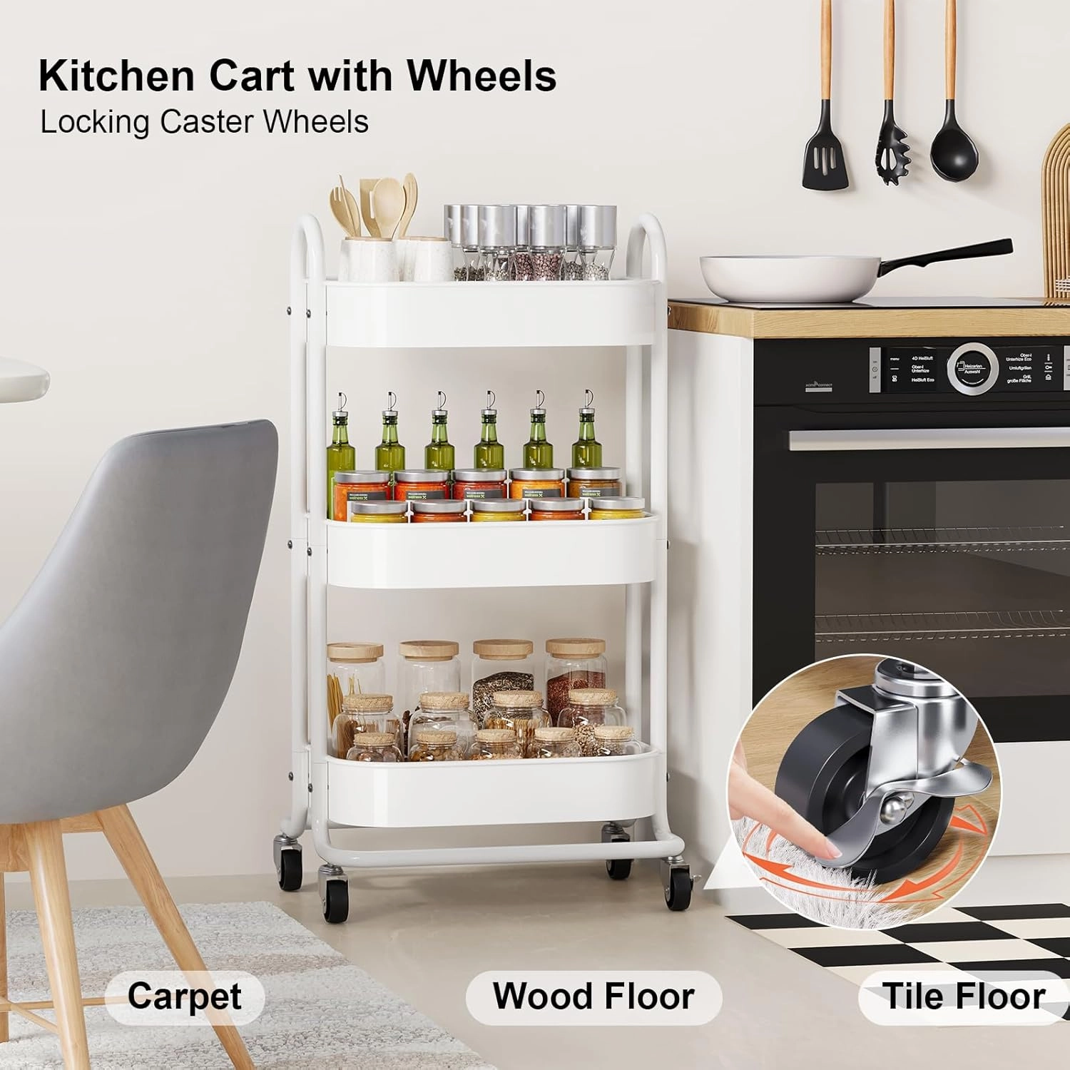 3 Tier Mesh Utility Cart, Rolling Metal Organization Cart with Handle and Lockable Wheels, Multifunctional Storage Shelves for Kitchen Living Room Office White