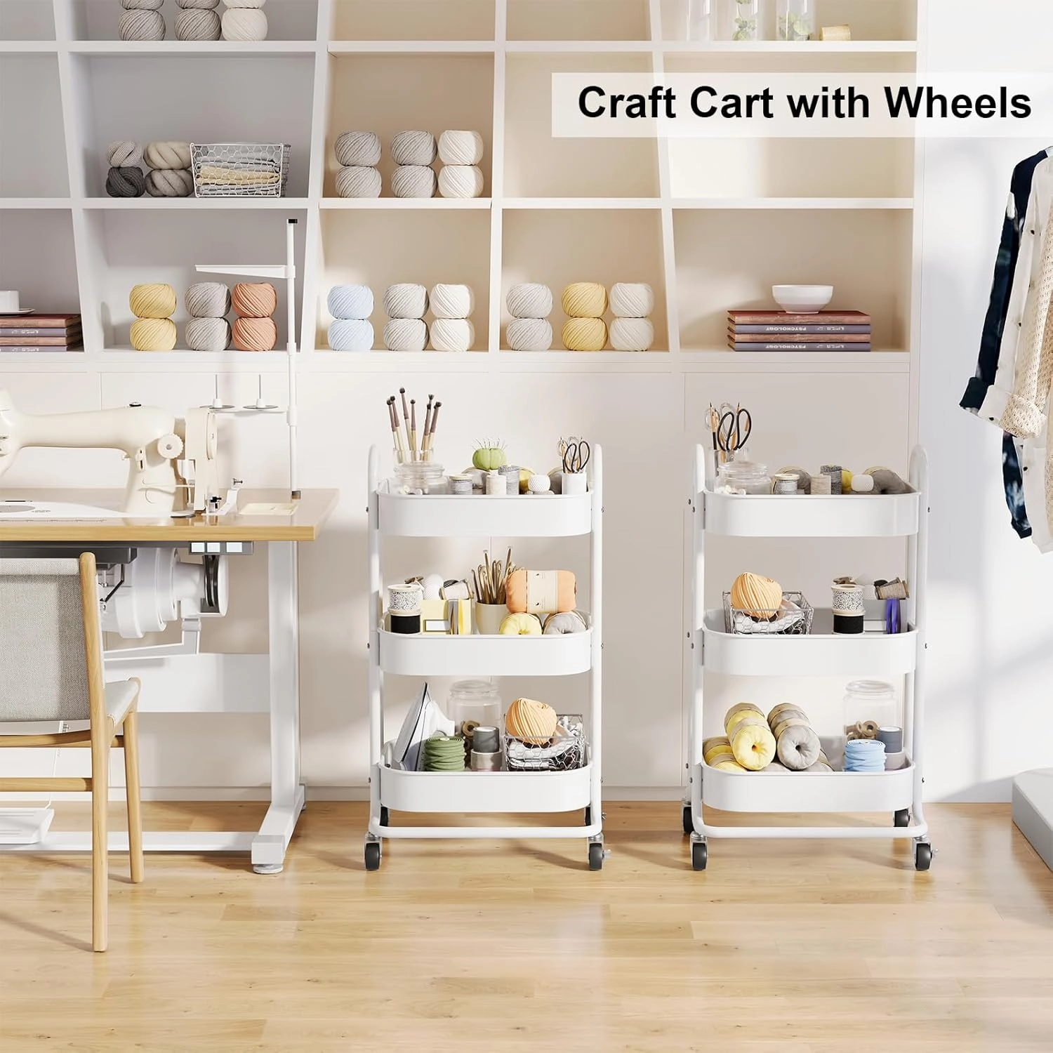 3 Tier Mesh Utility Cart, Rolling Metal Organization Cart with Handle and Lockable Wheels, Multifunctional Storage Shelves for Kitchen Living Room Office White