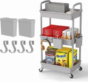 3 Tier Rolling Utility Cart with Handle,REBECAT Utility Cart Made of Multifunctional Storage Organizer Tool for Kitchen,Bathroom,Living Room,Office(Gray)