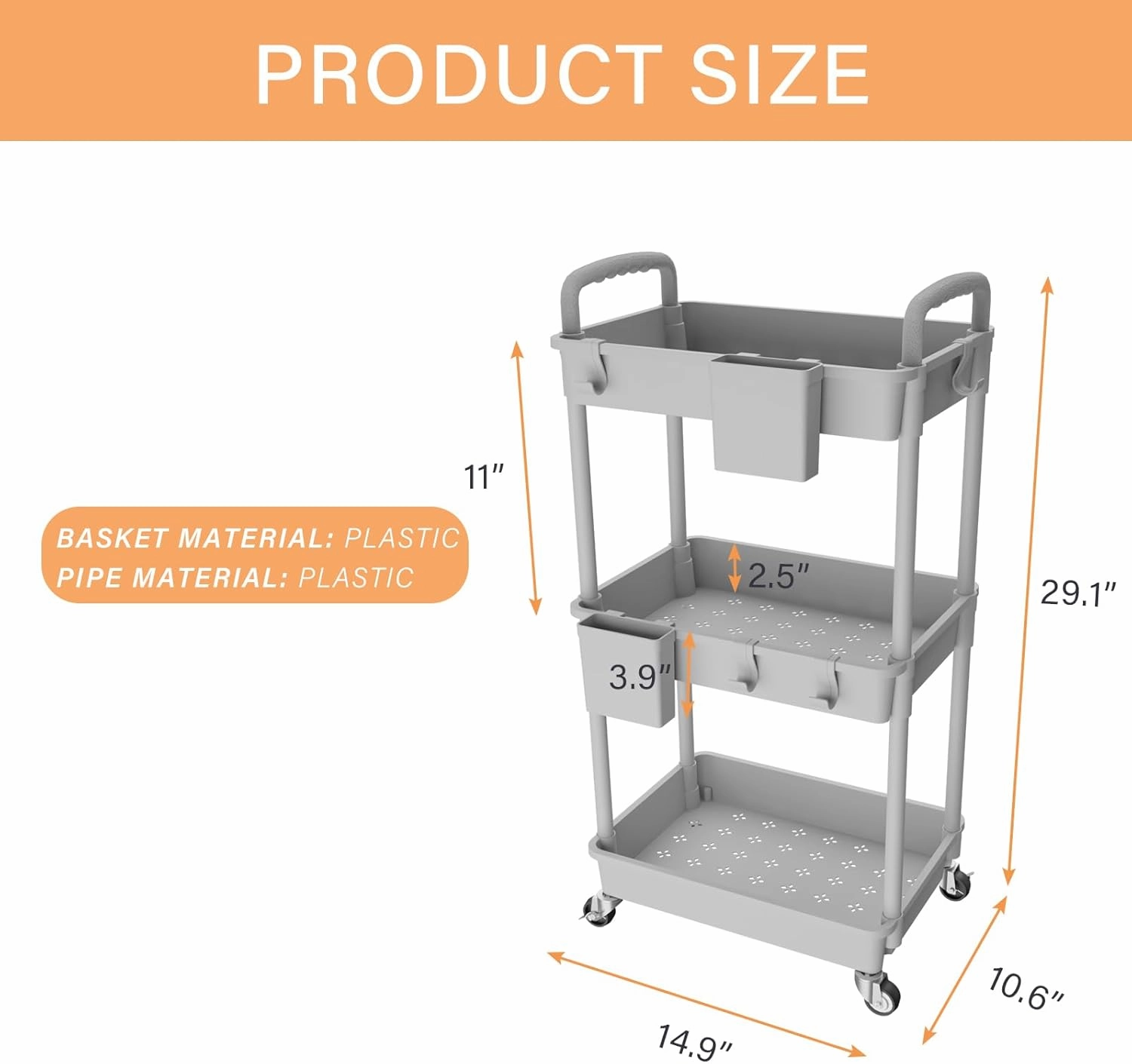 3 Tier Rolling Utility Cart with Handle,REBECAT Utility Cart Made of Multifunctional Storage Organizer Tool for Kitchen,Bathroom,Living Room,Office(Gray)