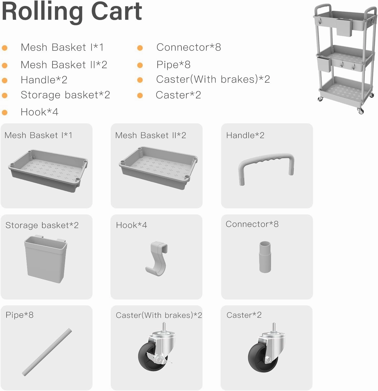 3 Tier Rolling Utility Cart with Handle,REBECAT Utility Cart Made of Multifunctional Storage Organizer Tool for Kitchen,Bathroom,Living Room,Office(Gray)