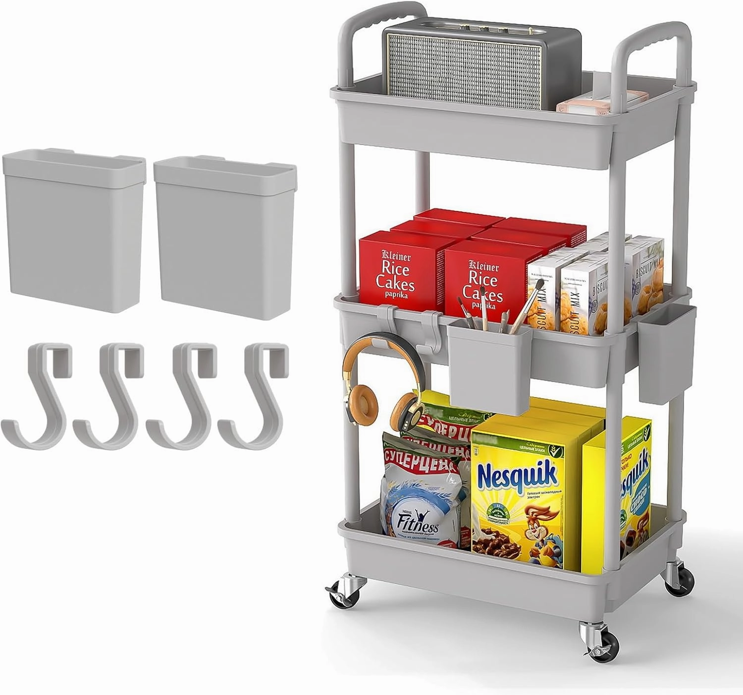 3 Tier Rolling Utility Cart with Handle,REBECAT Utility Cart Made of Multifunctional Storage Organizer Tool for Kitchen,Bathroom,Living Room,Office(Gray)