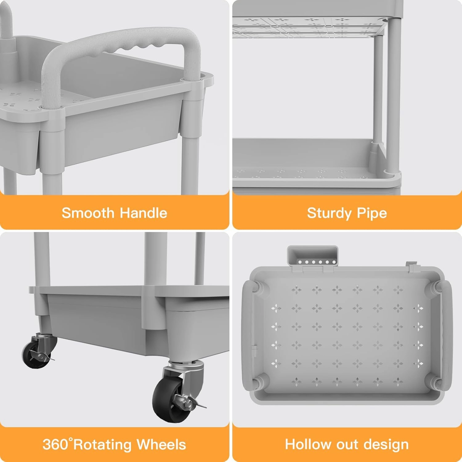 3 Tier Rolling Utility Cart with Handle,REBECAT Utility Cart Made of Multifunctional Storage Organizer Tool for Kitchen,Bathroom,Living Room,Office(Gray)