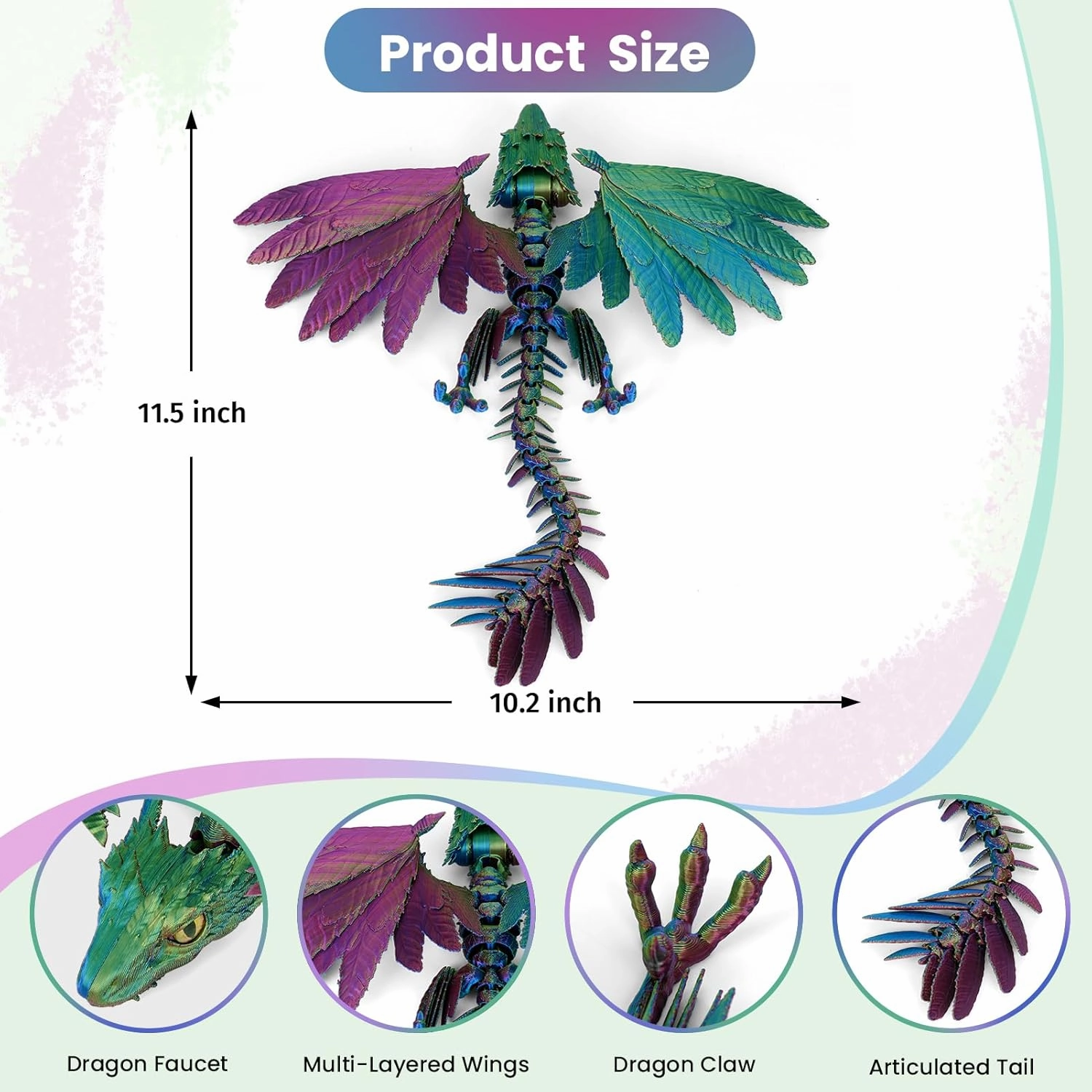 3D Printed Dragon with Wings,3D Printed Animals Toy,3D Printed Flexible Dragons,Crystal Dragon Fidget Toys,Full Articulated Dragon Crystal Dragon (Red Yellow and Blue), Small, 1231396
