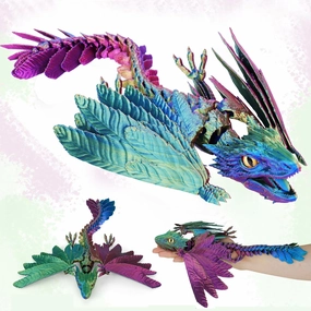 3D Printed Dragon with Wings,3D Printed Animals Toy,3D Printed Flexible Dragons,Crystal Dragon Fidget Toys,Full Articulated Dragon Crystal Dragon (Red Yellow and Blue), Small, 1231396