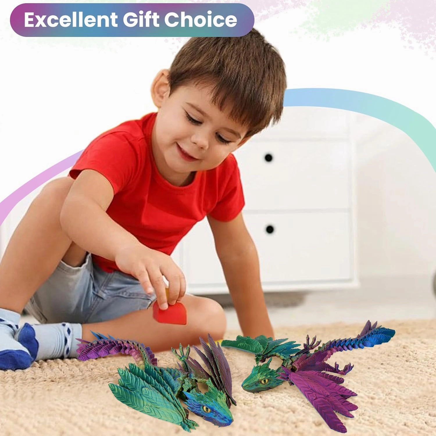 3D Printed Dragon with Wings,3D Printed Animals Toy,3D Printed Flexible Dragons,Crystal Dragon Fidget Toys,Full Articulated Dragon Crystal Dragon (Red Yellow and Blue), Small, 1231396