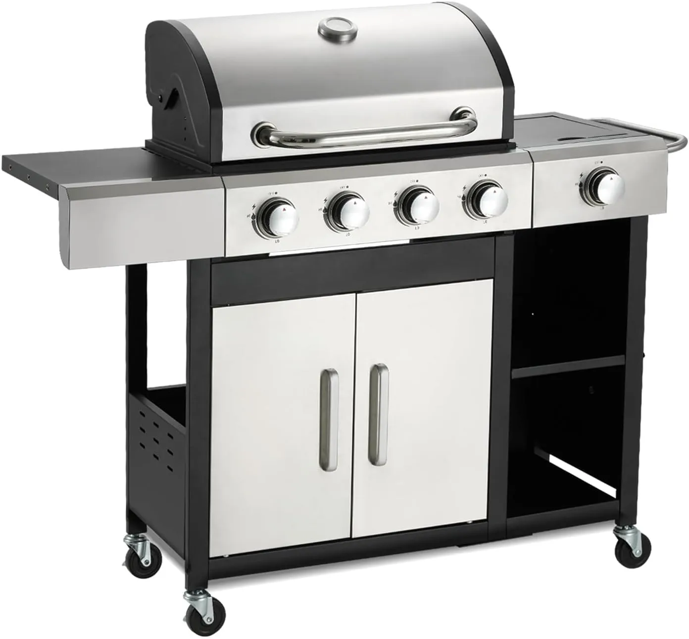 4-Burner Propane Gas Grill with Side Burner & Cabinet - 49,000 BTU Stainless Steel BBQ Grill, Porcelain-Enameled Cast Iron Grates for Outdoor Cooking, Patio & Backyard