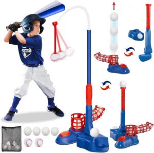4 in 1 Baseball Ball Set for Kids, T Ball and Golf Set for Toddlers, with Pitching Machine/Adjustable Batting Tee/Baseball Bat/Golf Clubs/6 Balls, Gifts for Toddler Boys & Girls 6 