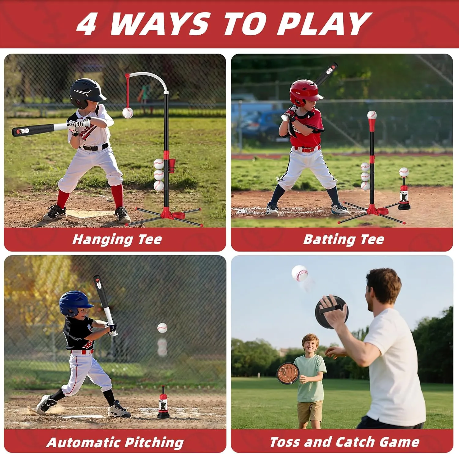 4 in 1 T-Ball Sets for Kids 3-5 with Toss and Catch Ball, Toddler Baseball with Auto Pitching Machine/6 Balls, Outdoor Toys Gifts for Boys Girls