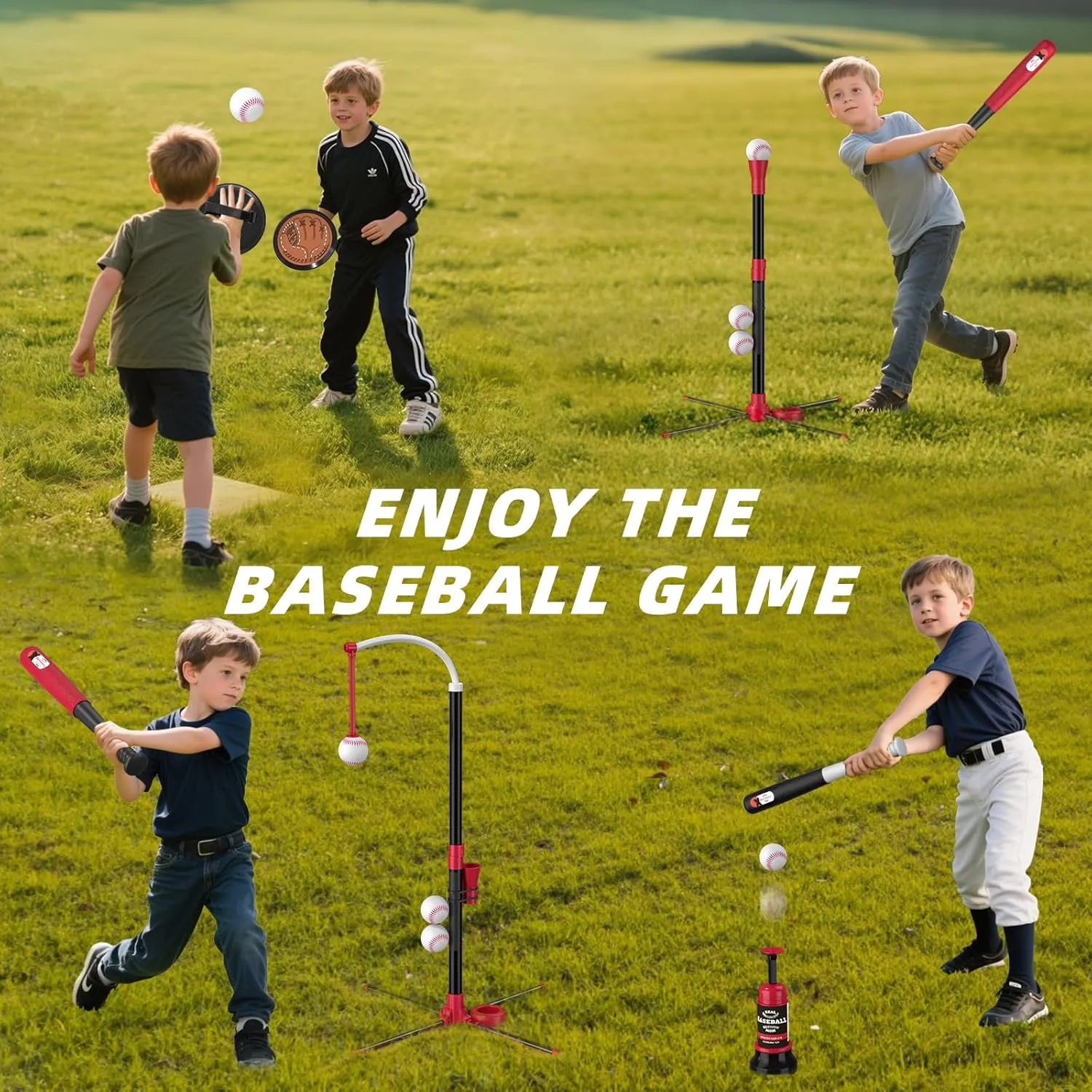 4 in 1 T-Ball Sets for Kids 3-5 with Toss and Catch Ball, Toddler Baseball with Auto Pitching Machine/6 Balls, Outdoor Toys Gifts for Boys Girls