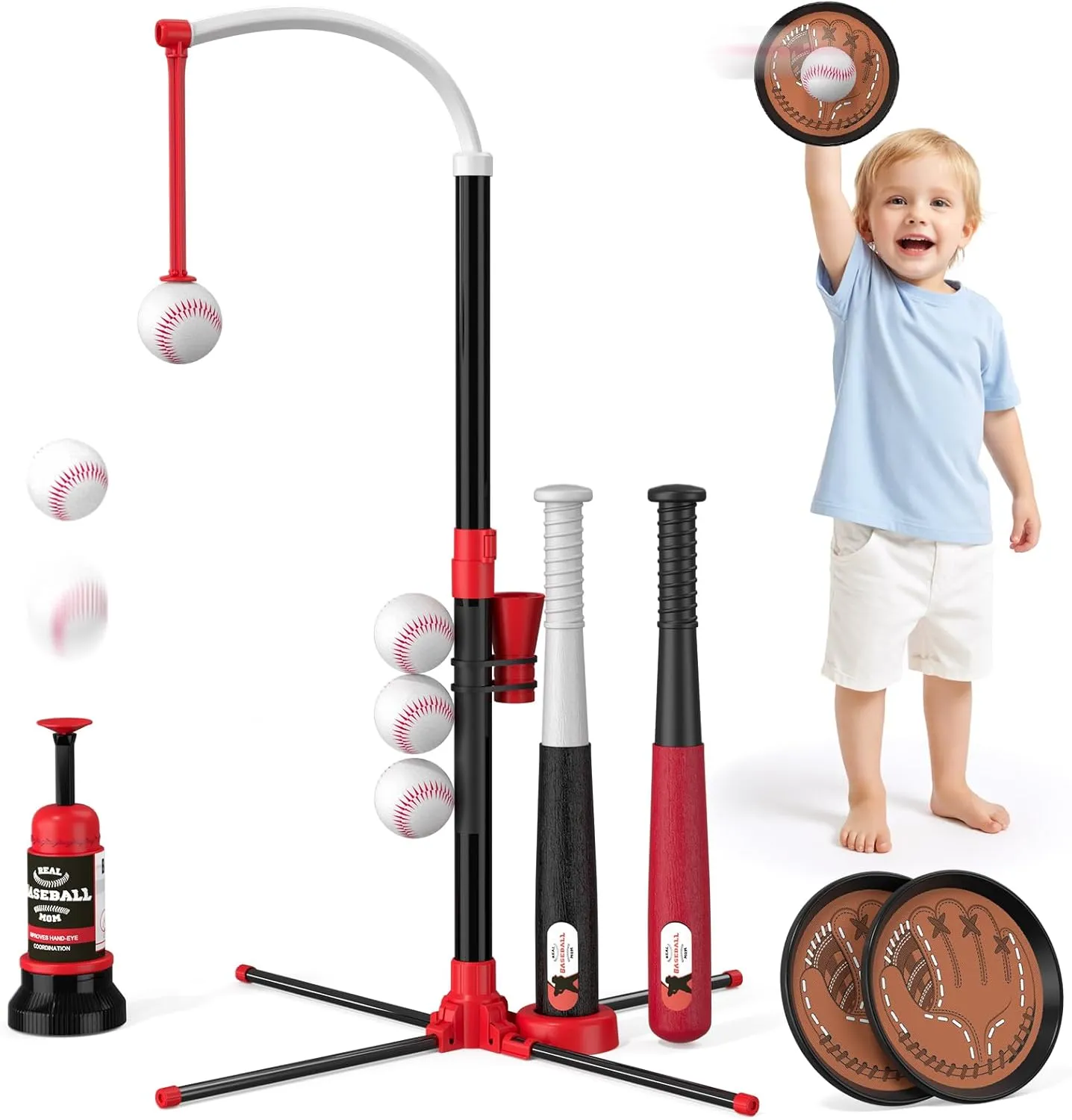 4 in 1 T-Ball Sets for Kids 3-5 with Toss and Catch Ball, Toddler Baseball with Auto Pitching Machine/6 Balls, Outdoor Toys Gifts for Boys Girls