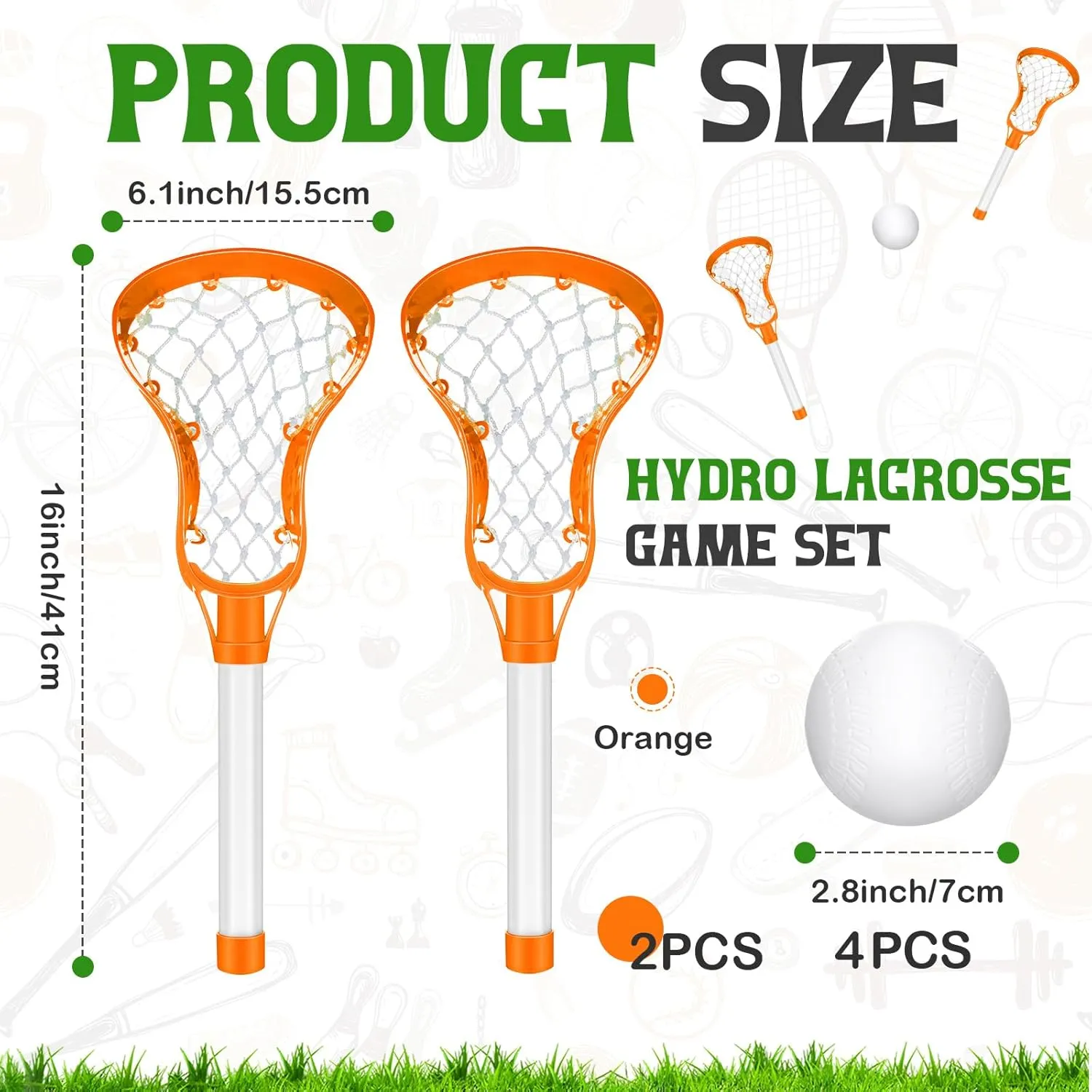 4 Lacrosse Stick and Ball Set, Includes 8 Water Lacrosse Sticks for Pool and 4 Balls Plastic Game Set for Kids Teens Adults Youth Outdoor Beach Sports Summer(Orange)