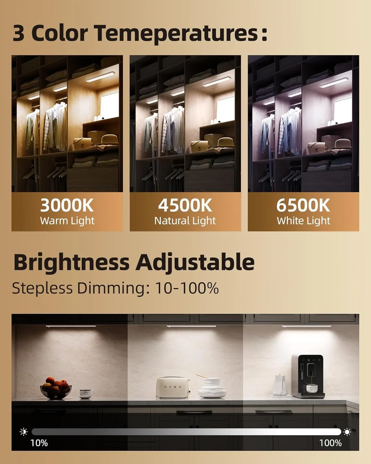4-Pack Under Cabinet Lighting,LED Rechargeable Motion Sensor Light Indoor Battery Operated,3 Color Temps&Dimmable Closet Lights with Remote,Wireless Under Counter Lights for Kitchen Stairs