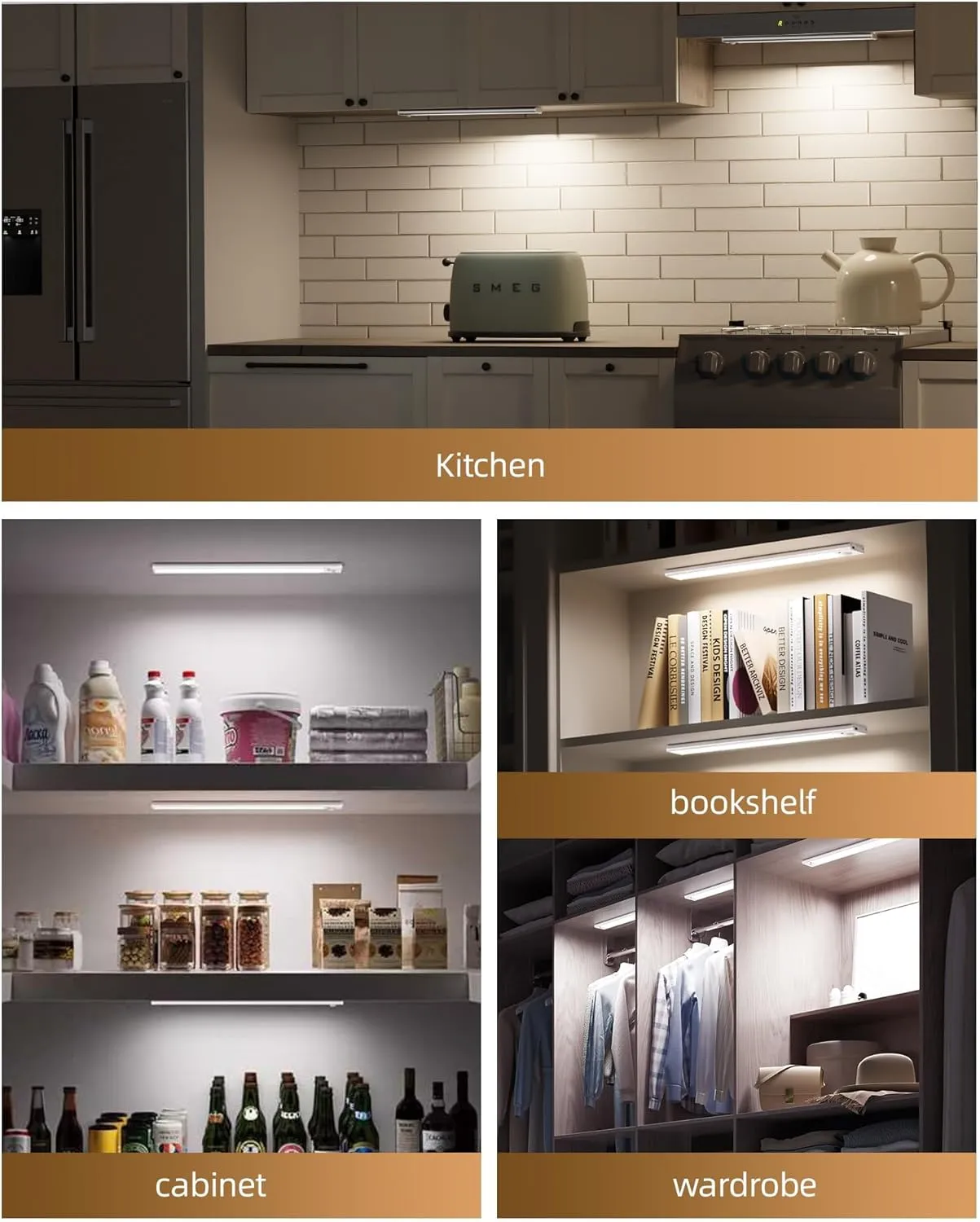 4-Pack Under Cabinet Lighting,LED Rechargeable Motion Sensor Light Indoor Battery Operated,3 Color Temps&Dimmable Closet Lights with Remote,Wireless Under Counter Lights for Kitchen Stairs
