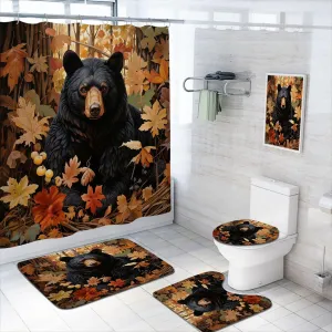 4 Pcs Black Bear Bathroom Shower Curtain Set with Rug, Toilet Lid Cover and Bath Mat, Rustic Farm Wildlife Bear Vintage Cabin Forest Bathroom Shower Curtain with 12 Hooks Accessories Decorative