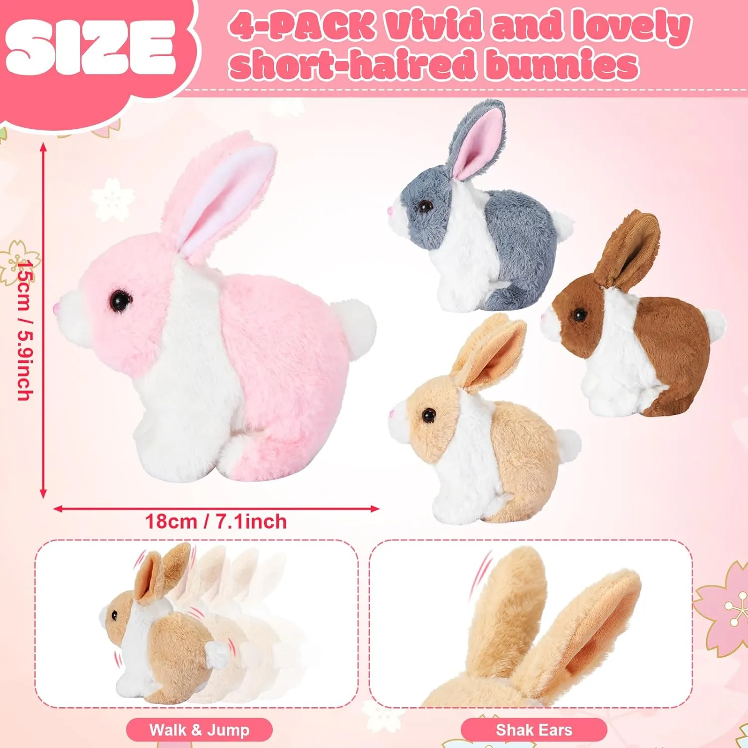 4 Pcs Easter Interactive Bunny Toys for Kids 7" Realistic Hopping Rabbit Plush Stuffed Electronic Walking Barking and Wagging Tail Bunny Toys for Birthday Easter Gift(Short Hair Rabbit)