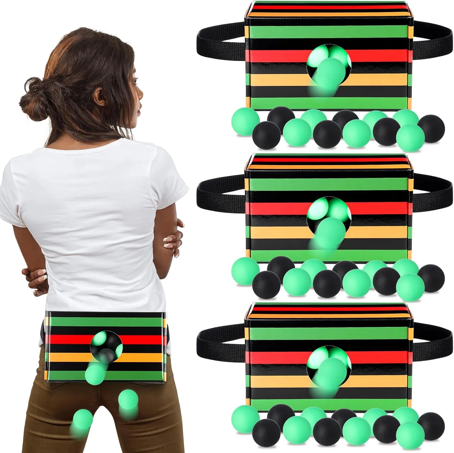 4 Set of Juneteenth Shaking Swing Balls Party Game, 4 Strap Shake Boxes, 80 Balls, Indoor Outdoor Family Games for African American Festivals, Kwanzaa, Holiday Celebrations (Liberty Wave)