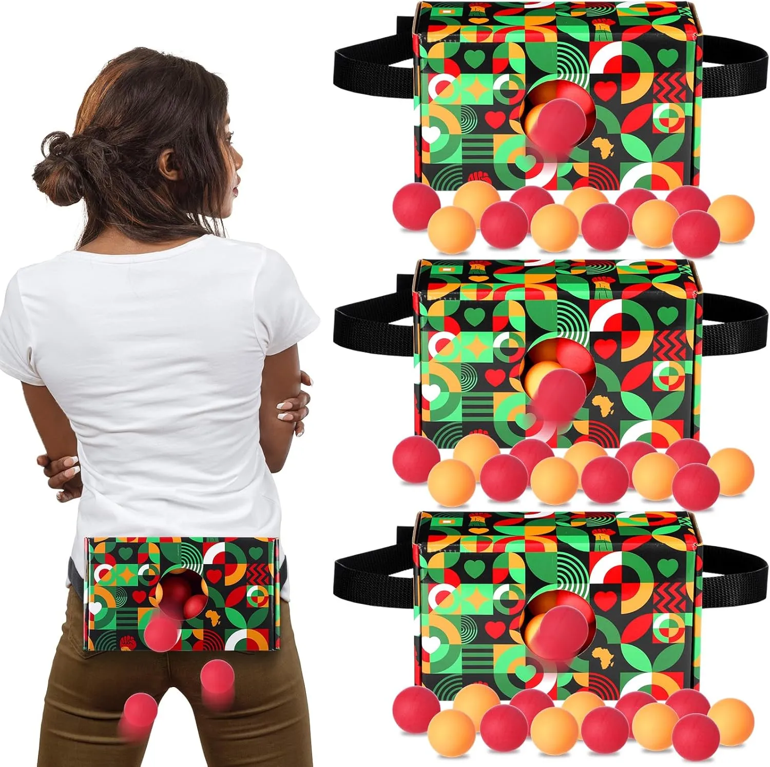 4 Set of Juneteenth Shaking Swing Balls Party Game, 4 Strap Shake Boxes, 80 Balls, Indoor Outdoor Family Games for African American Festivals, Kwanzaa, Holiday Celebrations(Hands of Unity)