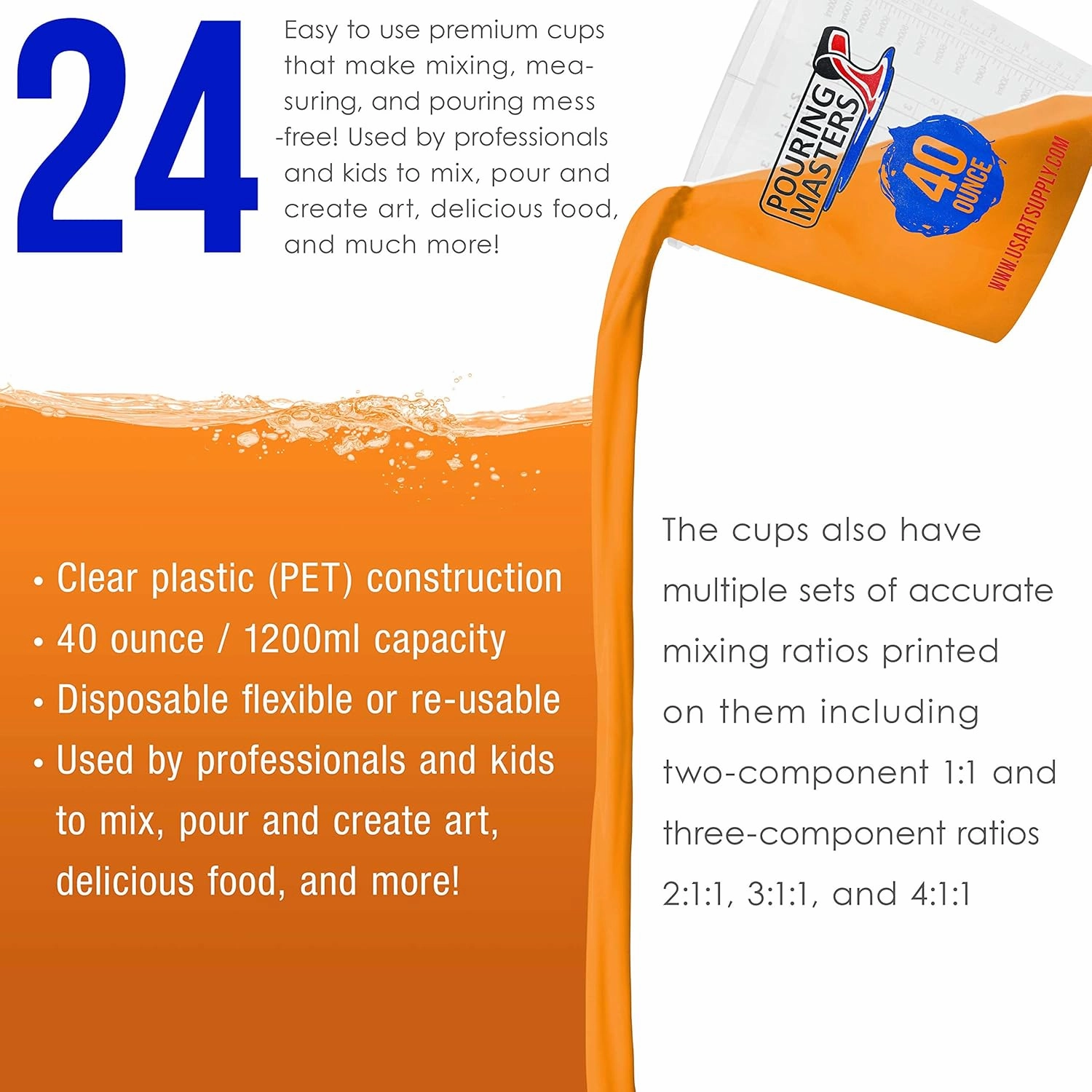 40 Ounce (1200ml) Graduated Plastic Mixing Cups (Box of 24) - Use for Paint, Resin, Epoxy, Art, Kitchen, Cooking, Baking - Measurements in OZ. and ML., 4 Different Measuring Ratios 1:1