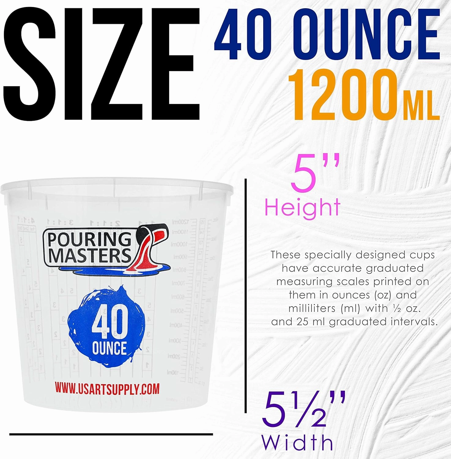 40 Ounce (1200ml) Graduated Plastic Mixing Cups (Box of 24) - Use for Paint, Resin, Epoxy, Art, Kitchen, Cooking, Baking - Measurements in OZ. and ML., 4 Different Measuring Ratios 1:1