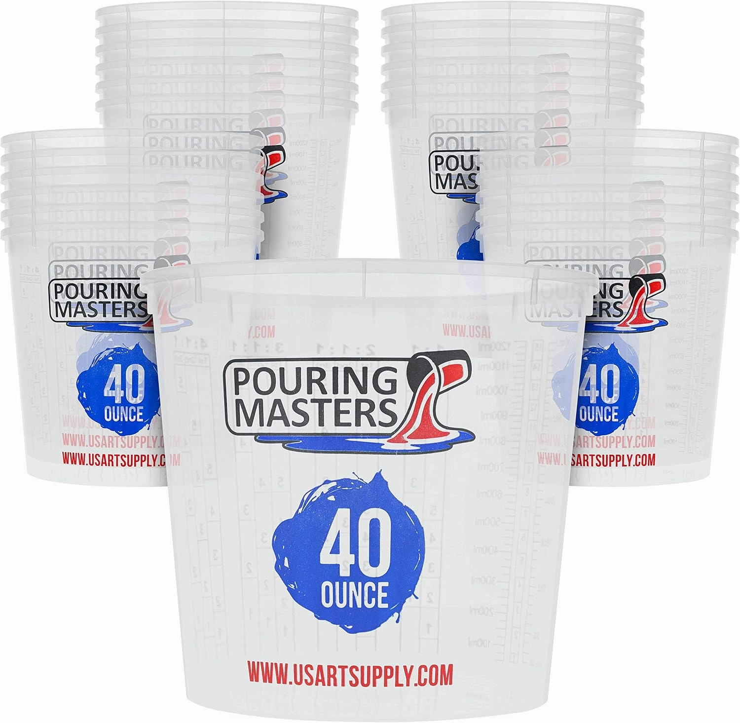 40 Ounce (1200ml) Graduated Plastic Mixing Cups (Box of 24) - Use for Paint, Resin, Epoxy, Art, Kitchen, Cooking, Baking - Measurements in OZ. and ML., 4 Different Measuring Ratios 1:1