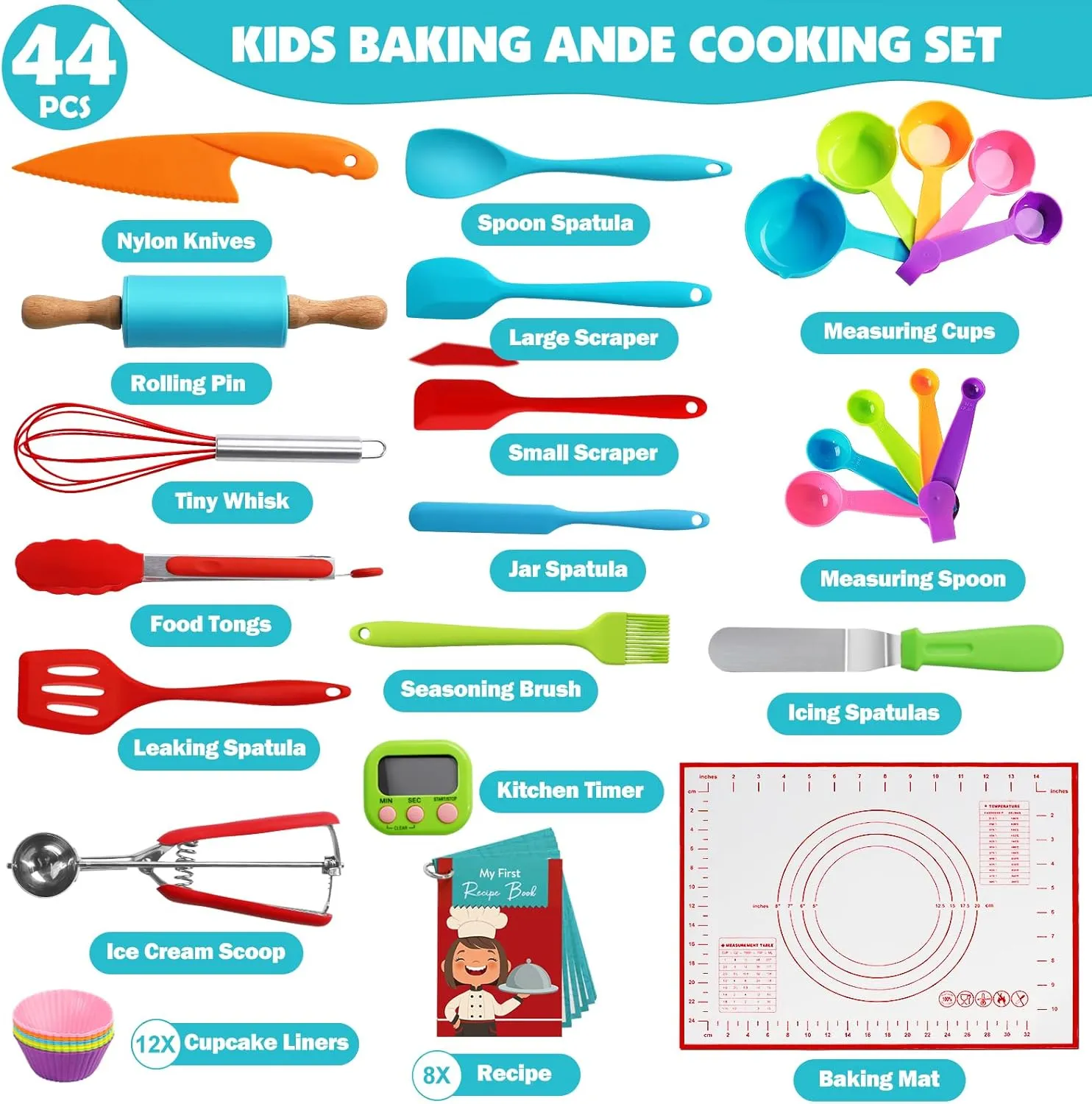 44Pcs Kids Cooking & Baking Set for Real Cooking, Kids Safe Knife & Cooking Tools Utensils with Cookbooks, Toddler Safe Montessori Kitchen Tools Birthday for Girls Boys Ages 6 