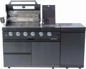 46" 4-Burner 72000 BTU Deluxe Gas Grill with Round Side Burner & Rotisserie Kit - Stainless Steel Outdoor Kitchen Island, Granite Countertops, Black