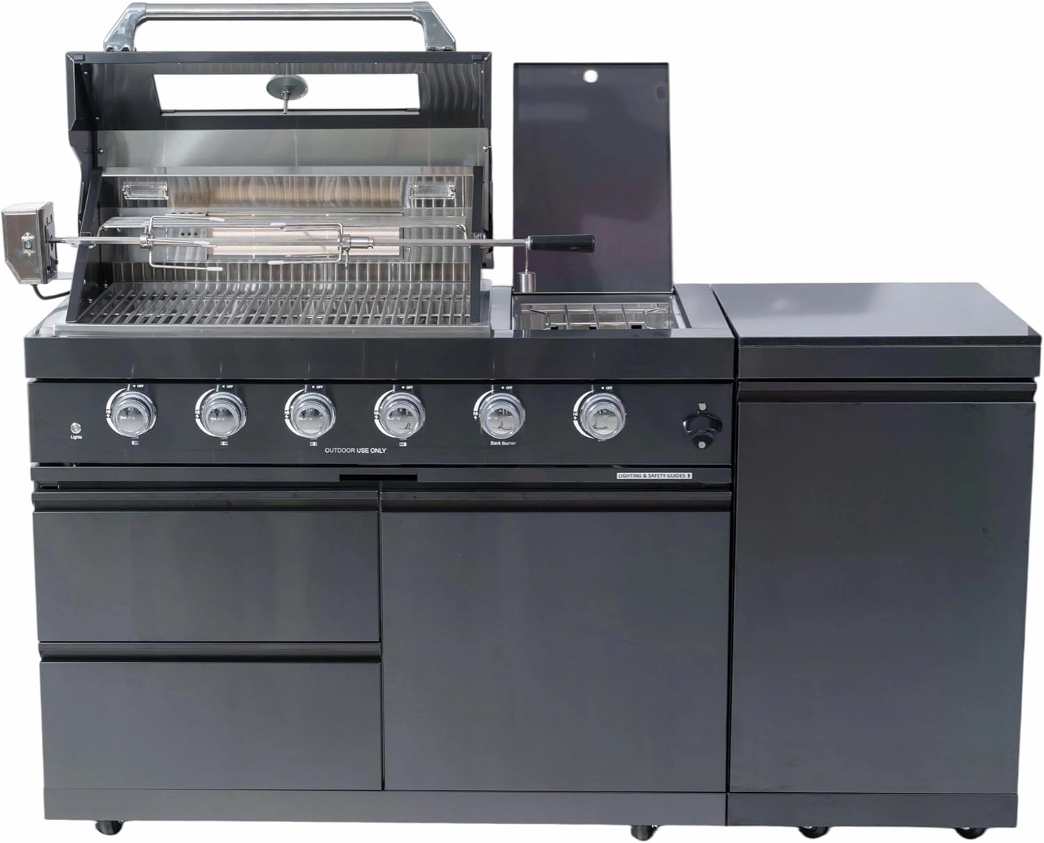 46" 4-Burner 72000 BTU Deluxe Gas Grill with Round Side Burner & Rotisserie Kit - Stainless Steel Outdoor Kitchen Island, Granite Countertops, Black