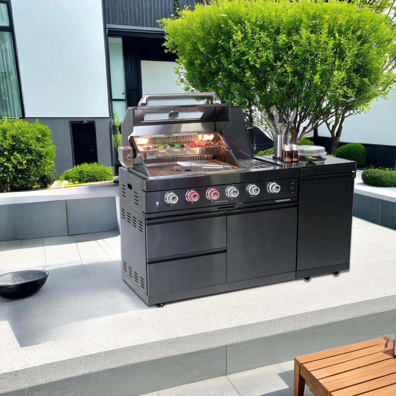 46" 4-Burner 72000 BTU Deluxe Gas Grill with Round Side Burner & Rotisserie Kit - Stainless Steel Outdoor Kitchen Island, Granite Countertops, Black