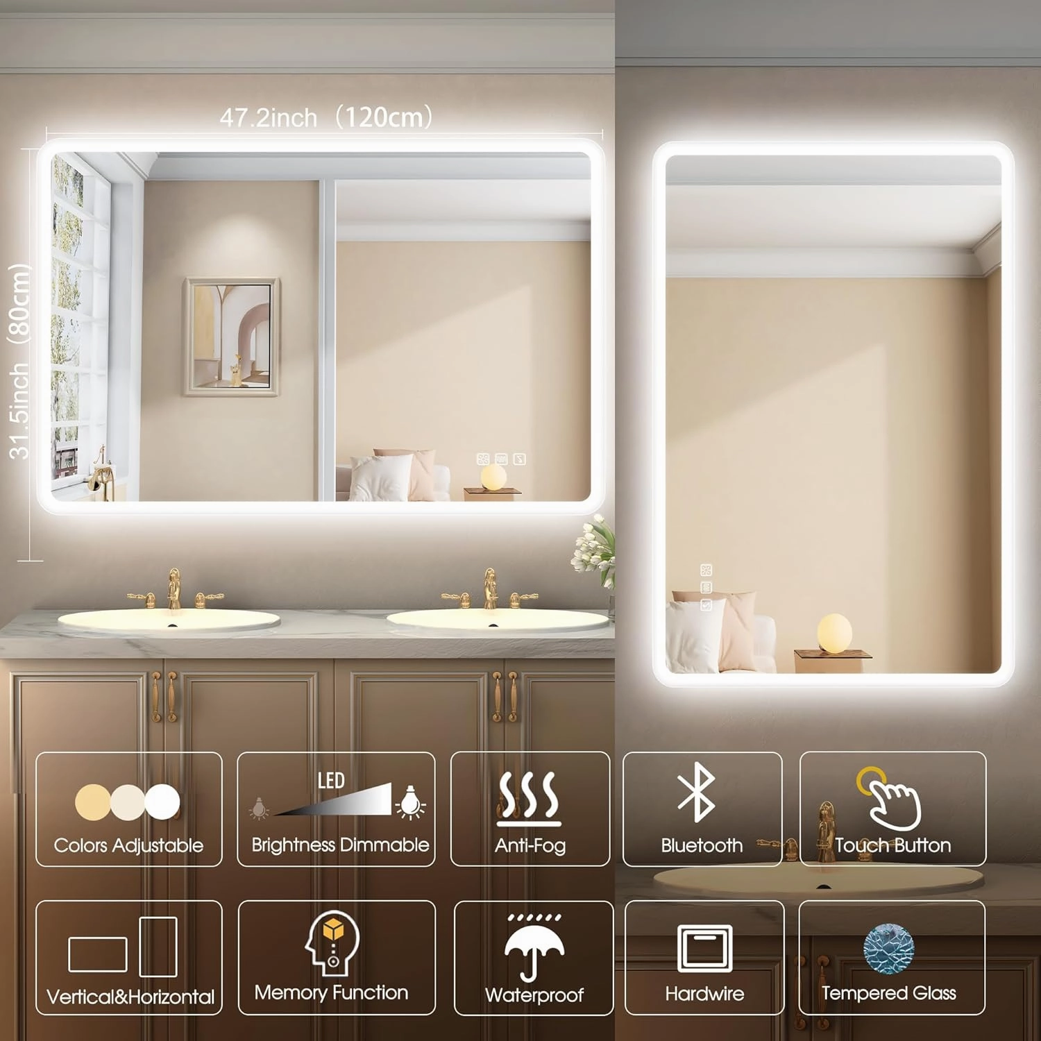 48"x32" LED-Bathroom-Mirror-with-Lights, Wall-Mounted with Bluetooth Speaker, Anti-Fog, 3 Color Temperature, Dimmable Brightness, Waterproof, Tempered Glass, Frontlit & Backlit