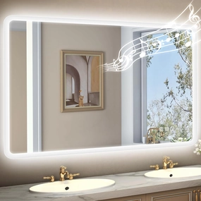 48"x32" LED-Bathroom-Mirror-with-Lights, Wall-Mounted with Bluetooth Speaker, Anti-Fog, 3 Color Temperature, Dimmable Brightness, Waterproof, Tempered Glass, Frontlit & Backlit