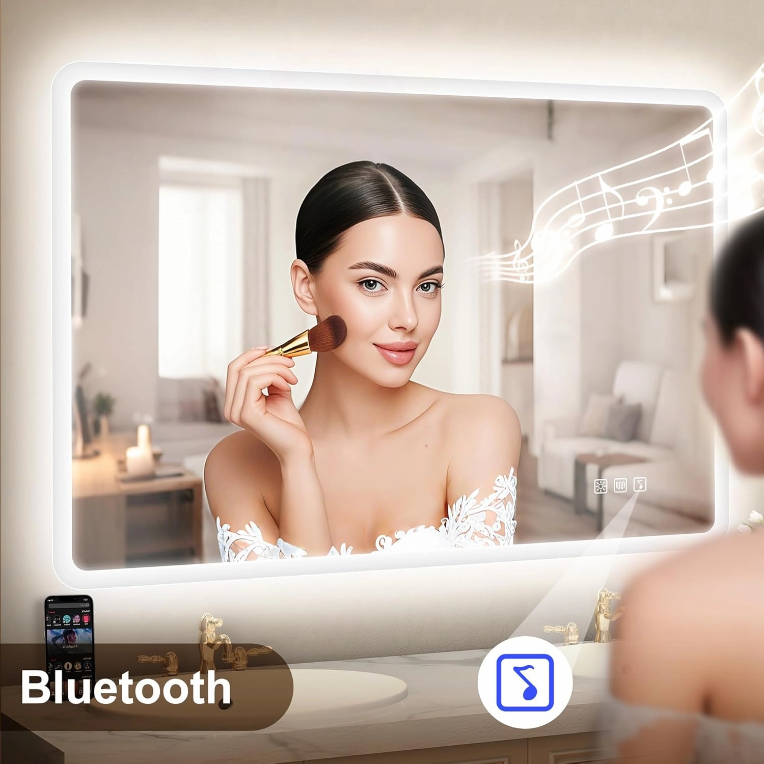 48"x32" LED-Bathroom-Mirror-with-Lights, Wall-Mounted with Bluetooth Speaker, Anti-Fog, 3 Color Temperature, Dimmable Brightness, Waterproof, Tempered Glass, Frontlit & Backlit